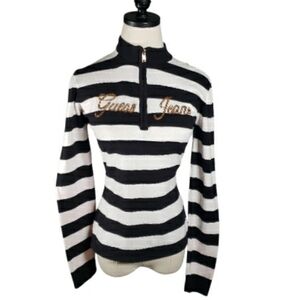 Vintage Guess Jeans Striped Sweater Top Mockneck Gold Sequin Spellout Quarter XL